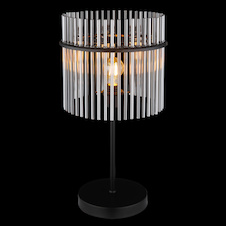 Stolní lampa, matný černý kov, kouřové skleněné tyče, černý PVC kabel, kolébkový vypínač na kabelu, Ø:30cm, V:54,5cm, délka kabelu 150cm, bez žárovky 1xE27, max. 60W 230V