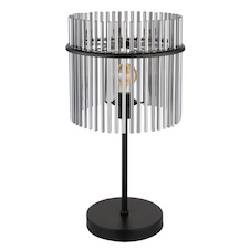 Stolní lampa, matný černý kov, kouřové skleněné tyče, černý PVC kabel, kolébkový vypínač na kabelu, Ø:30cm, V:54,5cm, délka kabelu 150cm, bez žárovky 1xE27, max. 60W 230V