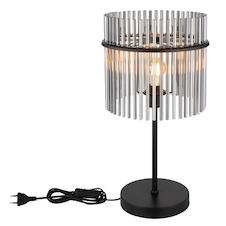 Stolní lampa, matný černý kov, kouřové skleněné tyče, černý PVC kabel, kolébkový vypínač na kabelu, Ø:30cm, V:54,5cm, délka kabelu 150cm, bez žárovky 1xE27, max. 60W 230V