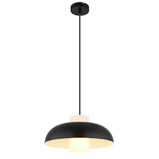 Závěsné svítidlo, matný černý kov, bílé sklo, černý textilní kabel, nastavitelná výška, Ø:38cm, V:120cm, rozměry válce ø:11cm, V:20cm, bez žárovky 1xE27, max. 60W 230V