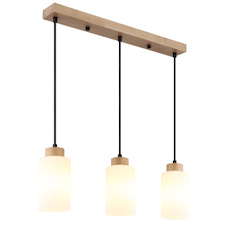 Závěsné svítidlo, hnědé dřevo, matné bílé sklo, černý textilní kabel, nastavitelná výška, DxŠxV:60x10x120cm, bez žárovek 3xE27, max. 60W 230V