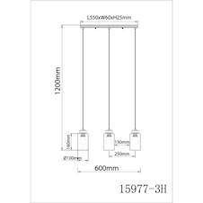Závěsné svítidlo, hnědé dřevo, matné bílé sklo, černý textilní kabel, nastavitelná výška, DxŠxV:60x10x120cm, bez žárovek 3xE27, max. 60W 230V