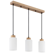 Závěsné svítidlo, hnědé dřevo, matné bílé sklo, černý textilní kabel, nastavitelná výška, DxŠxV:60x10x120cm, bez žárovek 3xE27, max. 60W 230V