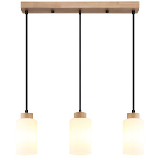 Závěsné svítidlo, hnědé dřevo, matné bílé sklo, černý textilní kabel, nastavitelná výška, DxŠxV:60x10x120cm, bez žárovek 3xE27, max. 60W 230V