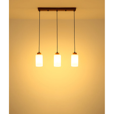Závěsné svítidlo, hnědé dřevo, matné bílé sklo, černý textilní kabel, nastavitelná výška, DxŠxV:60x10x120cm, bez žárovek 3xE27, max. 60W 230V