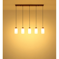 Závěsné svítidlo, hnědé dřevo, matné bílé sklo, černý textilní kabel, nastavitelná výška, DxŠxV:100x10x120cm, bez žárovek 5xE27, max. 60W 230V