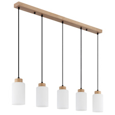 Závěsné svítidlo, hnědé dřevo, matné bílé sklo, černý textilní kabel, nastavitelná výška, DxŠxV:100x10x120cm, bez žárovek 5xE27, max. 60W 230V