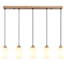 Závěsné svítidlo, hnědé dřevo, matné bílé sklo, černý textilní kabel, nastavitelná výška, DxŠxV:100x10x120cm, bez žárovek 5xE27, max. 60W 230V