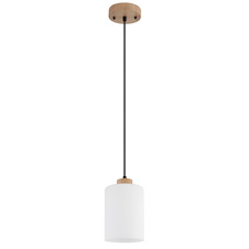 Závěsné svítidlo, hnědé dřevo, matné bílé sklo, černý textilní kabel, nastavitelná výška, Ø:15cm, V:120cm, bez žárovky 1xE27, max. 60W 230V