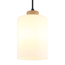 Závěsné svítidlo, hnědé dřevo, matné bílé sklo, černý textilní kabel, nastavitelná výška, Ø:15cm, V:120cm, bez žárovky 1xE27, max. 60W 230V