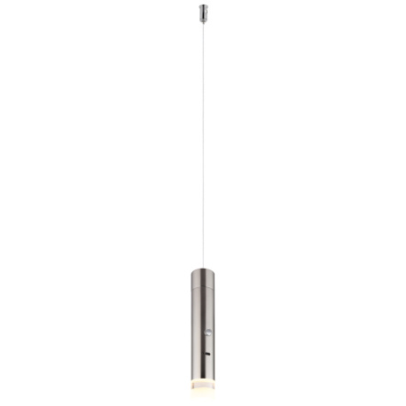 Závěsné svítidlo, matný niklový kov, průhledný akrylát, hladký dotykový stmívač, bez adaptéru, USB-C – USB-C, včetně baterie CR18650 1800 mAh 3,7 V, Ø:3,8cm, V:120cm, LED 2W 230V, zdroj 200lm, výstup 60lm, 3000K
