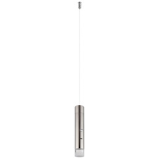 Závěsné svítidlo, matný niklový kov, průhledný akrylát, hladký dotykový stmívač, bez adaptéru, USB-C – USB-C, včetně baterie CR18650 1800 mAh 3,7 V, Ø:3,8cm, V:120cm, LED 2W 230V, zdroj 200lm, výstup 60lm, 3000K