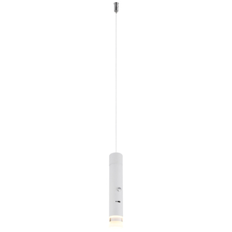 Závěsné svítidlo, matný bílý kov, průhledný akrylát, dotykový stmívač, bez adaptéru, USB-C - USB-C, baterie CR18650 1800 mAh 3,7 V, Ø:3,8cm, V:120cm, LED 2W 230V, zdroj 200lm, výstup 60lm, 3000K