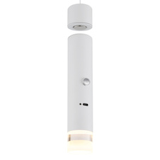Závěsné svítidlo, matný bílý kov, průhledný akrylát, dotykový stmívač, bez adaptéru, USB-C - USB-C, baterie CR18650 1800 mAh 3,7 V, Ø:3,8cm, V:120cm, LED 2W 230V, zdroj 200lm, výstup 60lm, 3000K