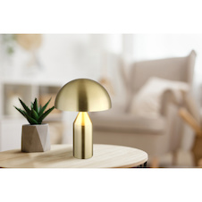 Stolní lampa, mosazný kov, bílá, černý PVC kabel, kolébkový vypínač na kabelu, Ø:28cm, V:390mm, délka kabelu 150cm, bez žárovek 2x E27, max. 40W 230V