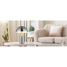 Stolní lampa, matný nikl, bílá, černý PVC kabel, kolébkový vypínač na kabelu, Ø:28cm, V:39cm, délka kabelu 150cm, bez žárovek 2x E27, max. 40W 230V