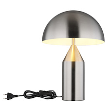 Stolní lampa, matný nikl, bílá, černý PVC kabel, kolébkový vypínač na kabelu, Ø:28cm, V:39cm, délka kabelu 150cm, bez žárovek 2x E27, max. 40W 230V