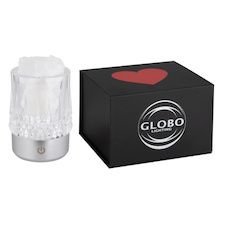 Stolní lampa, matný stříbrný plast, průhledný plast s křišťálovým efektem, bílé ozdobné kamínky, dotykové zap/vyp/stmívač, bez adaptéru, s USB kabelem, CR18650 1200mAh 3.7V, dárková krabička, Ø:8cm, V:10,5cm, LED 1W, zdroj 110lm, výstup 95lm, 3000K