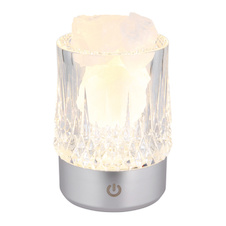 Stolní lampa, matný stříbrný plast, průhledný plast s křišťálovým efektem, bílé ozdobné kamínky, dotykové zap/vyp/stmívač, bez adaptéru, s USB kabelem, CR18650 1200mAh 3.7V, dárková krabička, Ø:8cm, V:10,5cm, LED 1W, zdroj 110lm, výstup 95lm, 3000K