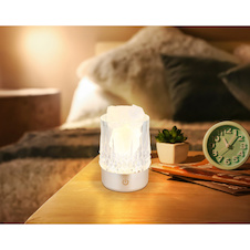 Stolní lampa, matný stříbrný plast, průhledný plast s křišťálovým efektem, bílé ozdobné kamínky, dotykové zap/vyp/stmívač, bez adaptéru, s USB kabelem, CR18650 1200mAh 3.7V, dárková krabička, Ø:8cm, V:10,5cm, LED 1W, zdroj 110lm, výstup 95lm, 3000K