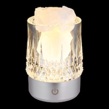 Stolní lampa, matný stříbrný plast, průhledný plast s křišťálovým efektem, bílé ozdobné kamínky, dotykové zap/vyp/stmívač, bez adaptéru, s USB kabelem, CR18650 1200mAh 3.7V, dárková krabička, Ø:8cm, V:10,5cm, LED 1W, zdroj 110lm, výstup 95lm, 3000K