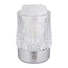 Stolní lampa, matný stříbrný plast, průhledný plast s křišťálovým efektem, bílé ozdobné kamínky, dotykové zap/vyp/stmívač, bez adaptéru, s USB kabelem, CR18650 1200mAh 3.7V, dárková krabička, Ø:8cm, V:10,5cm, LED 1W, zdroj 110lm, výstup 95lm, 3000K