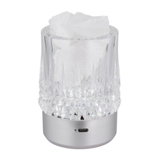 Stolní lampa, matný stříbrný plast, průhledný plast s křišťálovým efektem, bílé ozdobné kamínky, dotykové zap/vyp/stmívač, bez adaptéru, s USB kabelem, CR18650 1200mAh 3.7V, dárková krabička, Ø:8cm, V:10,5cm, LED 1W, zdroj 110lm, výstup 95lm, 3000K