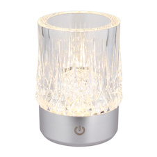 Stolní lampa, matný stříbrný plast, průhledný plast s křišťálovým efektem, bílé ozdobné kamínky, dotykové zap/vyp/stmívač, bez adaptéru, s USB kabelem, CR18650 1200mAh 3.7V, dárková krabička, Ø:8cm, V:10,5cm, LED 1W, zdroj 110lm, výstup 95lm, 3000K