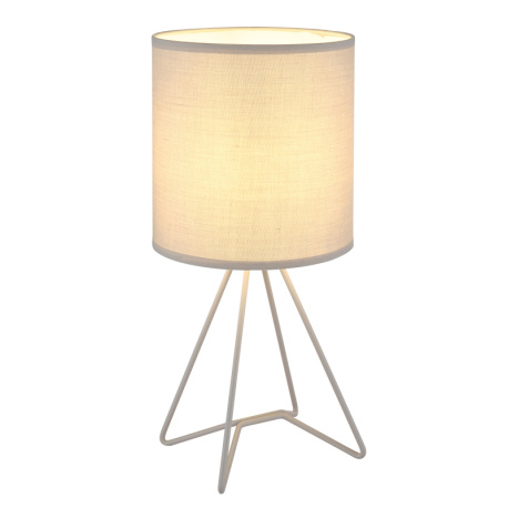 Stolní lampa, šedý kov, šedá tkanina, bílý PVC kabel, kolébkový vypínač na kabelu, Ø:16cm, V:34,5cm, délka kabelu 130cm, bez žárovky 1x E14, max. 40W 230V