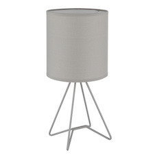 Stolní lampa, šedý kov, šedá tkanina, bílý PVC kabel, kolébkový vypínač na kabelu, Ø:16cm, V:34,5cm, délka kabelu 130cm, bez žárovky 1x E14, max. 40W 230V