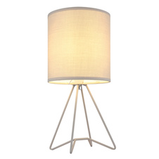 Stolní lampa, šedý kov, šedá tkanina, bílý PVC kabel, kolébkový vypínač na kabelu, Ø:16cm, V:34,5cm, délka kabelu 130cm, bez žárovky 1x E14, max. 40W 230V