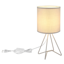 Stolní lampa, šedý kov, šedá tkanina, bílý PVC kabel, kolébkový vypínač na kabelu, Ø:16cm, V:34,5cm, délka kabelu 130cm, bez žárovky 1x E14, max. 40W 230V