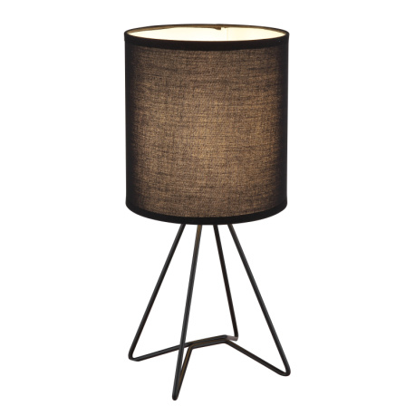 Stolní lampa, matný černý kov, černá tkanina, černý PVC kabel, kolébkový vypínač na kabelu, Ø:16cm, V:34,5cm, délka kabelu 130cm, bez žárovky 1x E14, max. 40W 230V