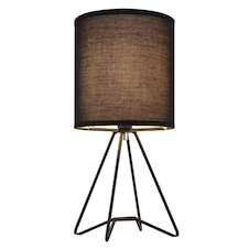 Stolní lampa, matný černý kov, černá tkanina, černý PVC kabel, kolébkový vypínač na kabelu, Ø:16cm, V:34,5cm, délka kabelu 130cm, bez žárovky 1x E14, max. 40W 230V