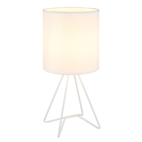 Stolní lampa, bílý kov, bílá tkanina, bílý PVC kabel, kolébkový vypínač na kabelu, Ø:16cm, V:34,5cm, délka kabelu 130cm, bez žárovky 1x E14, max. 40W 230V