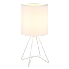Stolní lampa, bílý kov, bílá tkanina, bílý PVC kabel, kolébkový vypínač na kabelu, Ø:16cm, V:34,5cm, délka kabelu 130cm, bez žárovky 1x E14, max. 40W 230V