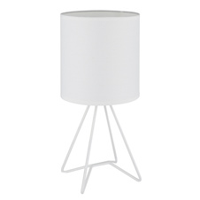 Stolní lampa, bílý kov, bílá tkanina, bílý PVC kabel, kolébkový vypínač na kabelu, Ø:16cm, V:34,5cm, délka kabelu 130cm, bez žárovky 1x E14, max. 40W 230V