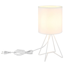 Stolní lampa, bílý kov, bílá tkanina, bílý PVC kabel, kolébkový vypínač na kabelu, Ø:16cm, V:34,5cm, délka kabelu 130cm, bez žárovky 1x E14, max. 40W 230V