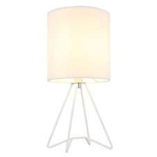 Stolní lampa, bílý kov, bílá tkanina, bílý PVC kabel, kolébkový vypínač na kabelu, Ø:16cm, V:34,5cm, délka kabelu 130cm, bez žárovky 1x E14, max. 40W 230V