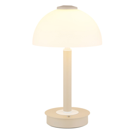 Stolní lampa, pískově zbarvený/bílý kov, sklo, dotykový vypínač, dotykový stmívač, jas přepínatelný mezi 100 %, 40 % a 10 %. Ø:18cm, V:31,5cm, délka kabelu 150cm, včetně LED 7W 230V, 620lm zdroj, 255lm výstup, 3000K