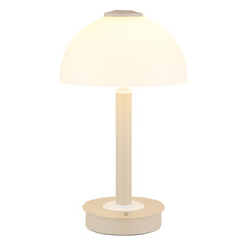 Stolní lampa, pískově zbarvený/bílý kov, sklo, dotykový vypínač, dotykový stmívač, jas přepínatelný mezi 100 %, 40 % a 10 %. Ø:18cm, V:31,5cm, délka kabelu 150cm, včetně LED 7W 230V, 620lm zdroj, 255lm výstup, 3000K