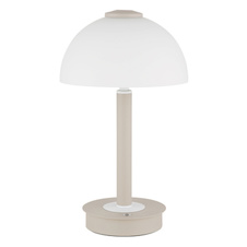 Stolní lampa, pískově zbarvený/bílý kov, sklo, dotykový vypínač, dotykový stmívač, jas přepínatelný mezi 100 %, 40 % a 10 %. Ø:18cm, V:31,5cm, délka kabelu 150cm, včetně LED 7W 230V, 620lm zdroj, 255lm výstup, 3000K