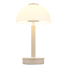 Stolní lampa, pískově zbarvený/bílý kov, sklo, dotykový vypínač, dotykový stmívač, jas přepínatelný mezi 100 %, 40 % a 10 %. Ø:18cm, V:31,5cm, délka kabelu 150cm, včetně LED 7W 230V, 620lm zdroj, 255lm výstup, 3000K