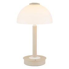 Stolní lampa, pískově zbarvený/bílý kov, sklo, dotykový vypínač, dotykový stmívač, jas přepínatelný mezi 100 %, 40 % a 10 %. Ø:18cm, V:31,5cm, délka kabelu 150cm, včetně LED 7W 230V, 620lm zdroj, 255lm výstup, 3000K