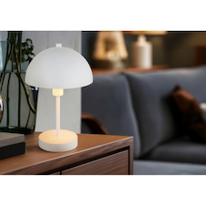 Stolní lampa, matný bílý kov, bílý PVC kabel, kolébkový vypínač na kabelu, Ø:20cm, V:31cm, délka kabelu 150cm, bez žárovky 1x E14, max. 40W 230V
