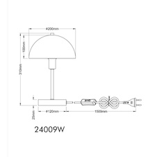 Stolní lampa, matný bílý kov, bílý PVC kabel, kolébkový vypínač na kabelu, Ø:20cm, V:31cm, délka kabelu 150cm, bez žárovky 1x E14, max. 40W 230V