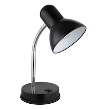 Stolní lampa, černý lesklý kov, chromovaný kov, černý lesklý kov, černý PVC kabel, kolébkový vypínač, Flexo, DxŠxV:21,5x21,5x35cm, délka kabelu 150cm, bez žárovky 1x E27, max. 40W 230V