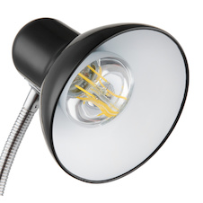 Stolní lampa, černý lesklý kov, chromovaný kov, černý lesklý kov, černý PVC kabel, kolébkový vypínač, Flexo, DxŠxV:21,5x21,5x35cm, délka kabelu 150cm, bez žárovky 1x E27, max. 40W 230V