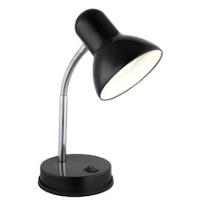 Stolní lampa, černý lesklý kov, chromovaný kov, černý lesklý kov, černý PVC kabel, kolébkový vypínač, Flexo, DxŠxV:21,5x21,5x35cm, délka kabelu 150cm, bez žárovky 1x E27, max. 40W 230V