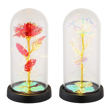 Dekorativní lampa, černý/zlatý lesklý plast, průhledné sklo, bez baterií 3x AAA 1,5 V, 9 ks displej, 6x červená růže, 3x průhledná růže, Ø:11cm V:21cm, smíšený displej, 20x LED 0,036W 3V, 2900K